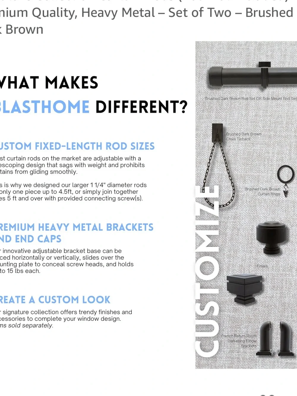 Premium Heavy Metal Drapery Rod Knobs- BRUSHED DARK BROWN
